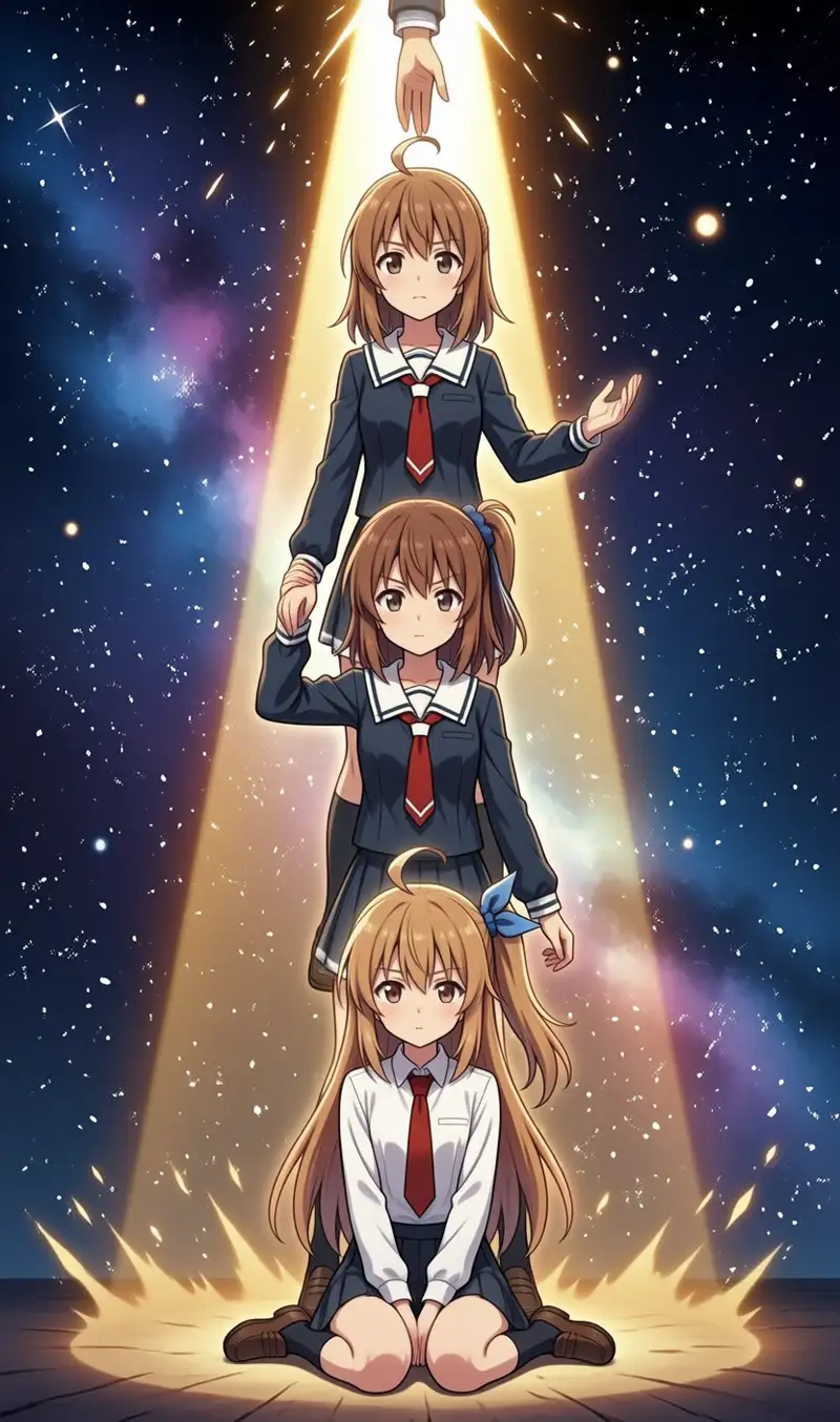 Totem-pole composition seed orig. Three stacked + descending hand + golden vertical light beam + space background. All three are navy sailor uniform + red ribbon + brown hair + side ponytail, identities nearly fused