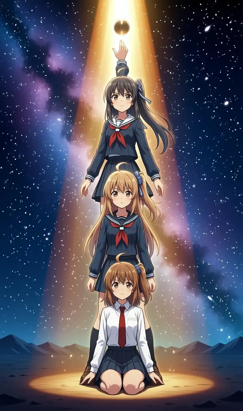 Totem-pole composition seed 42. Same setup, with a hand reaching toward a black orb at the top + space background. All three brown + side ponytail + navy sailor