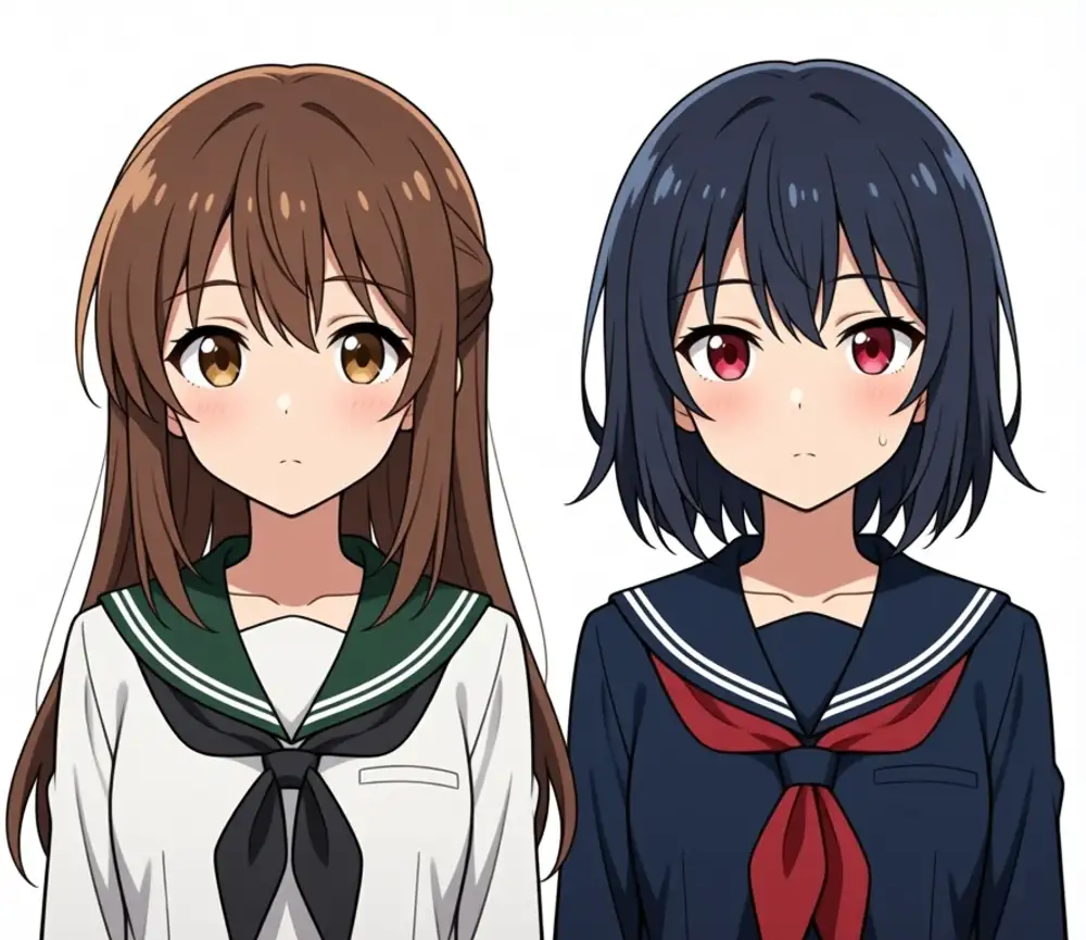 weight 0.4 output. Left: brown long hair + white sailor uniform (dark green collar + black scarf). Right: dark gray bob + navy sailor + red scarf