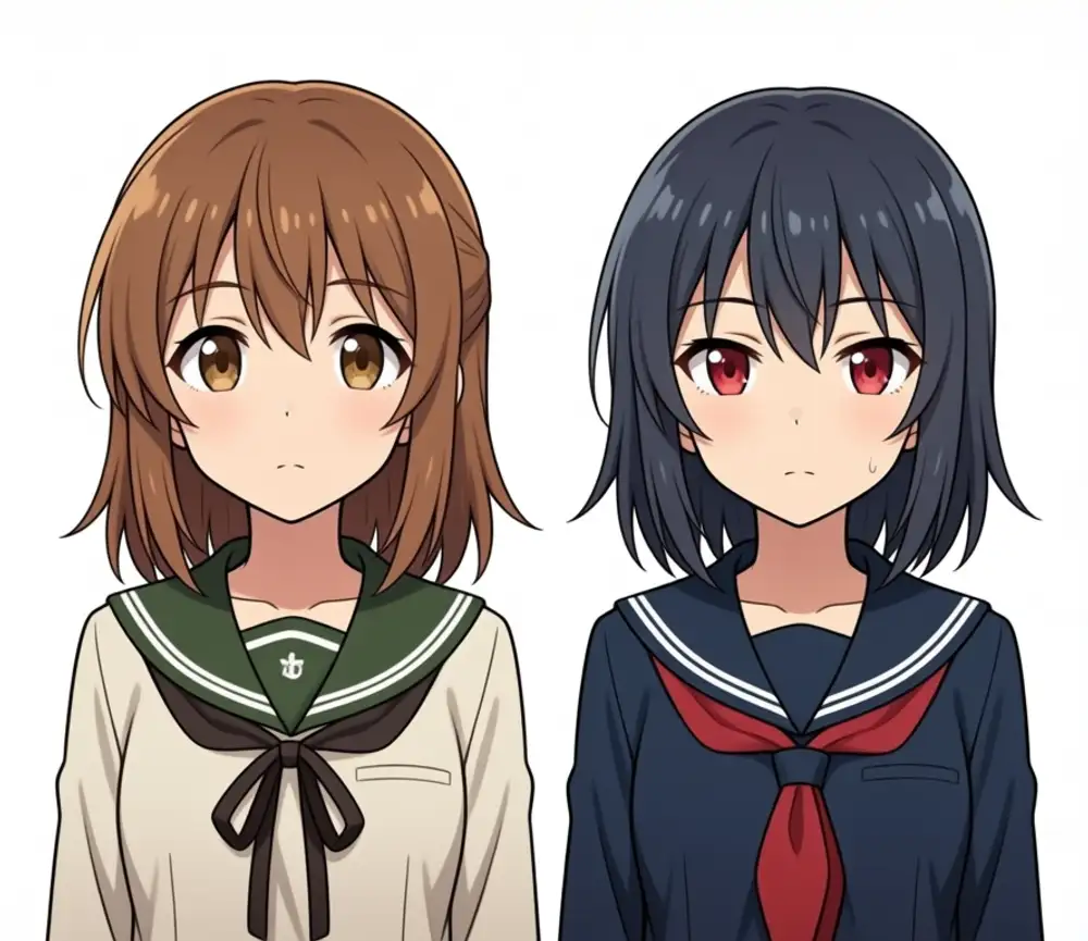 weight 0.6 output. Left: brown medium hair + beige sailor. Right: dark gray bob + navy sailor