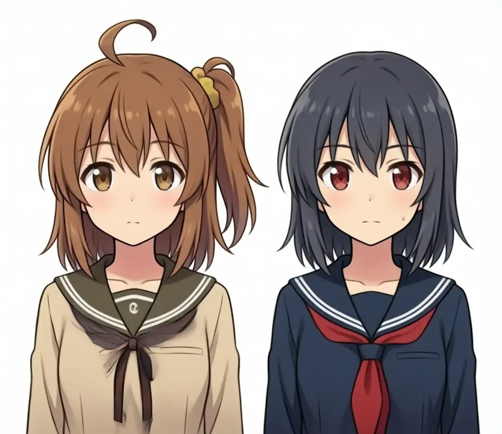 weight 0.8 output. Left: side ponytail (yellow scrunchie) + ahoge + beige sailor on Kanachan. Right: dark gray bob + navy sailor