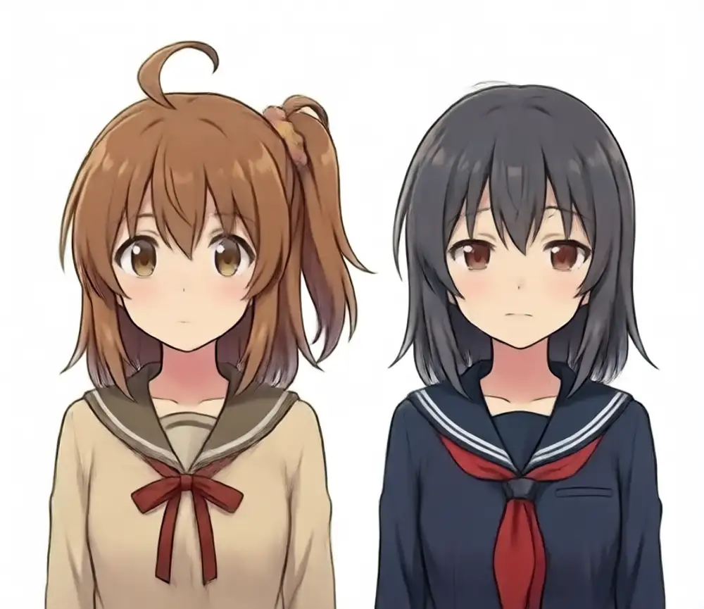weight 1.0 output. Left: high side ponytail + large ahoge Kanachan, but the scrunchie is orange and the chest ribbon is wine-red. Right: dark gray semi-long + navy sailor
