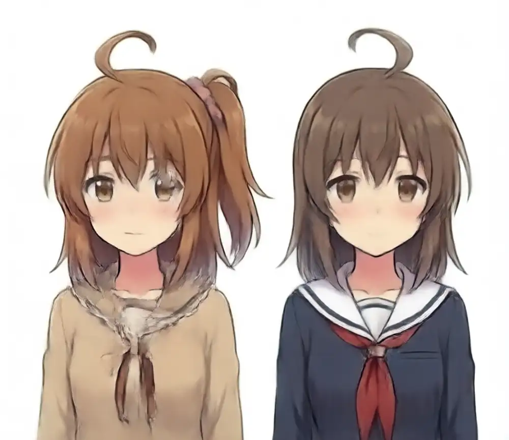 weight 1.2 output. The image itself is degraded: skin-tone noise on the left character's eye distorts pupil shape, lines blur, the mouth simplifies to a short stroke, generation noise is visible. In parallel, the right character's hair color shifts from dark gray to ash brown and a large ahoge appears