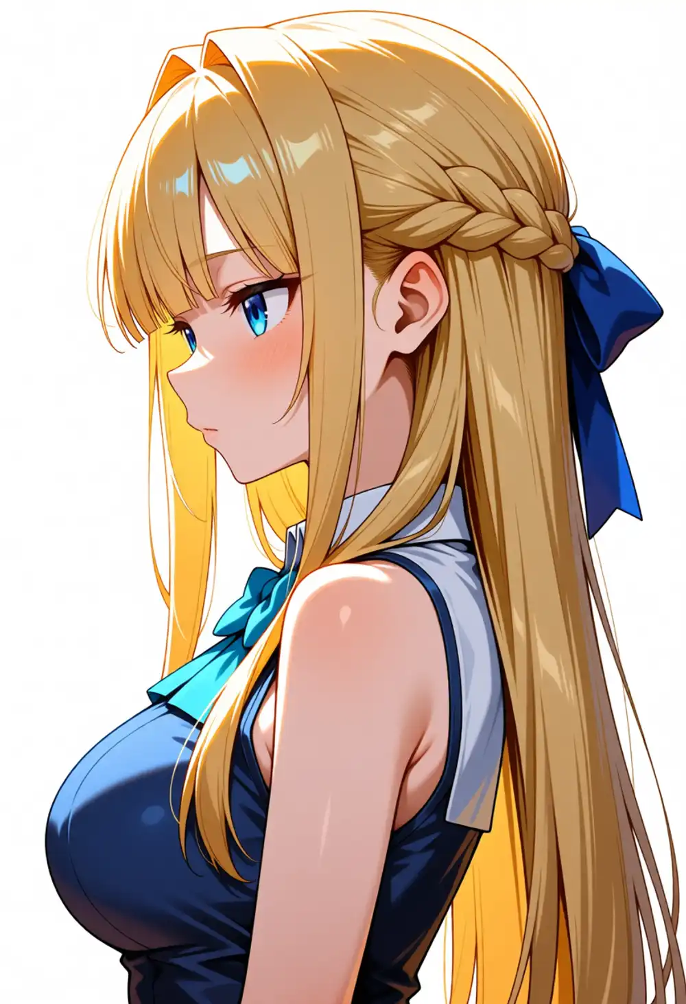 Condition A image 1. Full side profile, half-up braid + blue ribbon + blunt bangs + blonde hair