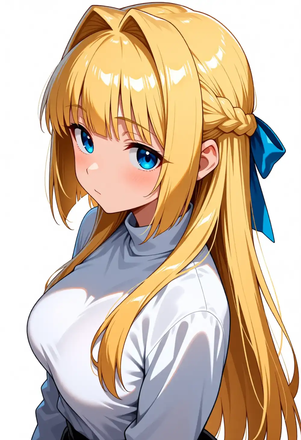 Condition AC image 2. Upper-front, nearly front-facing, top-of-head braid present, white turtleneck