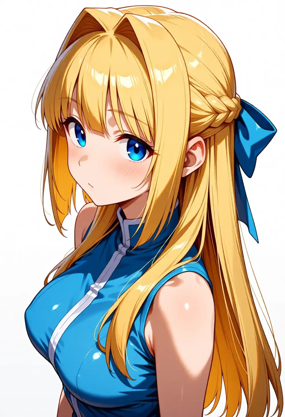 Condition Z image 3. Slight downward angle, top-of-head braid present, blue tank top