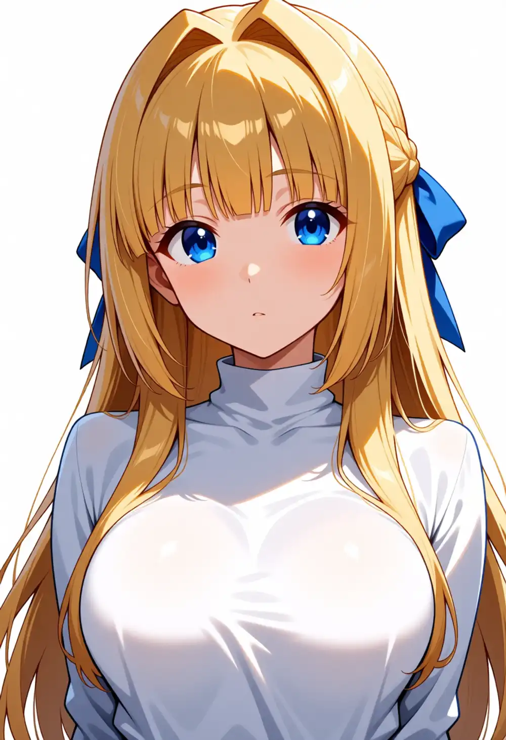 Condition P2 image 3. Front-facing, two small blue ribbons on both sides, white turtleneck