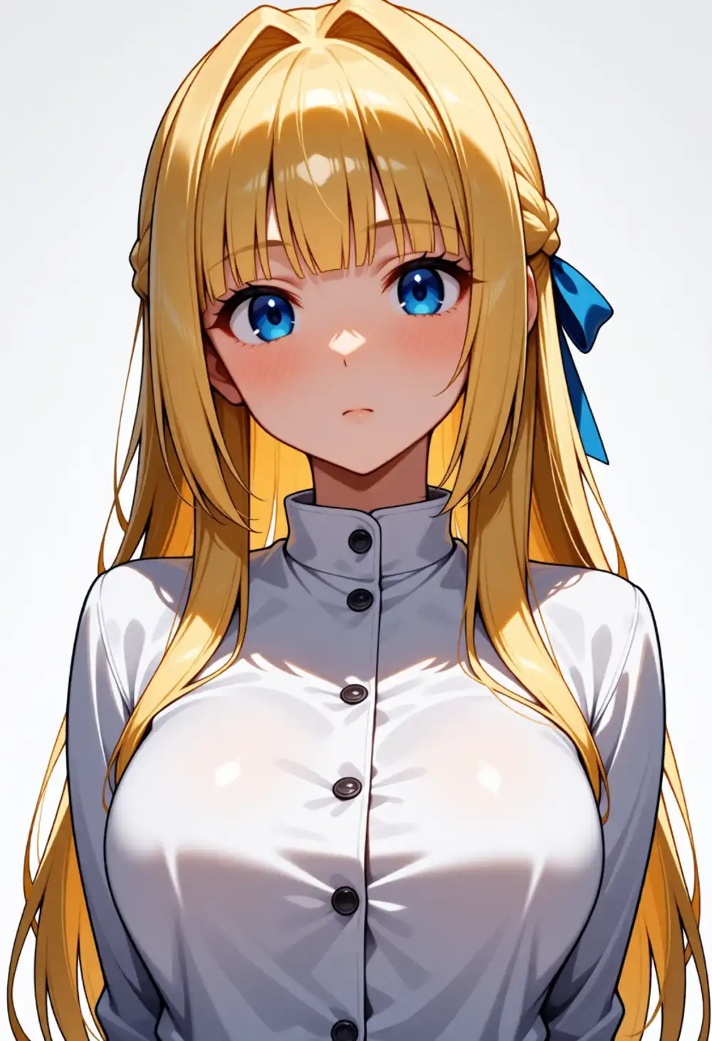 Condition P2 image 4. Front-facing, one small blue ribbon on the right, white button shirt