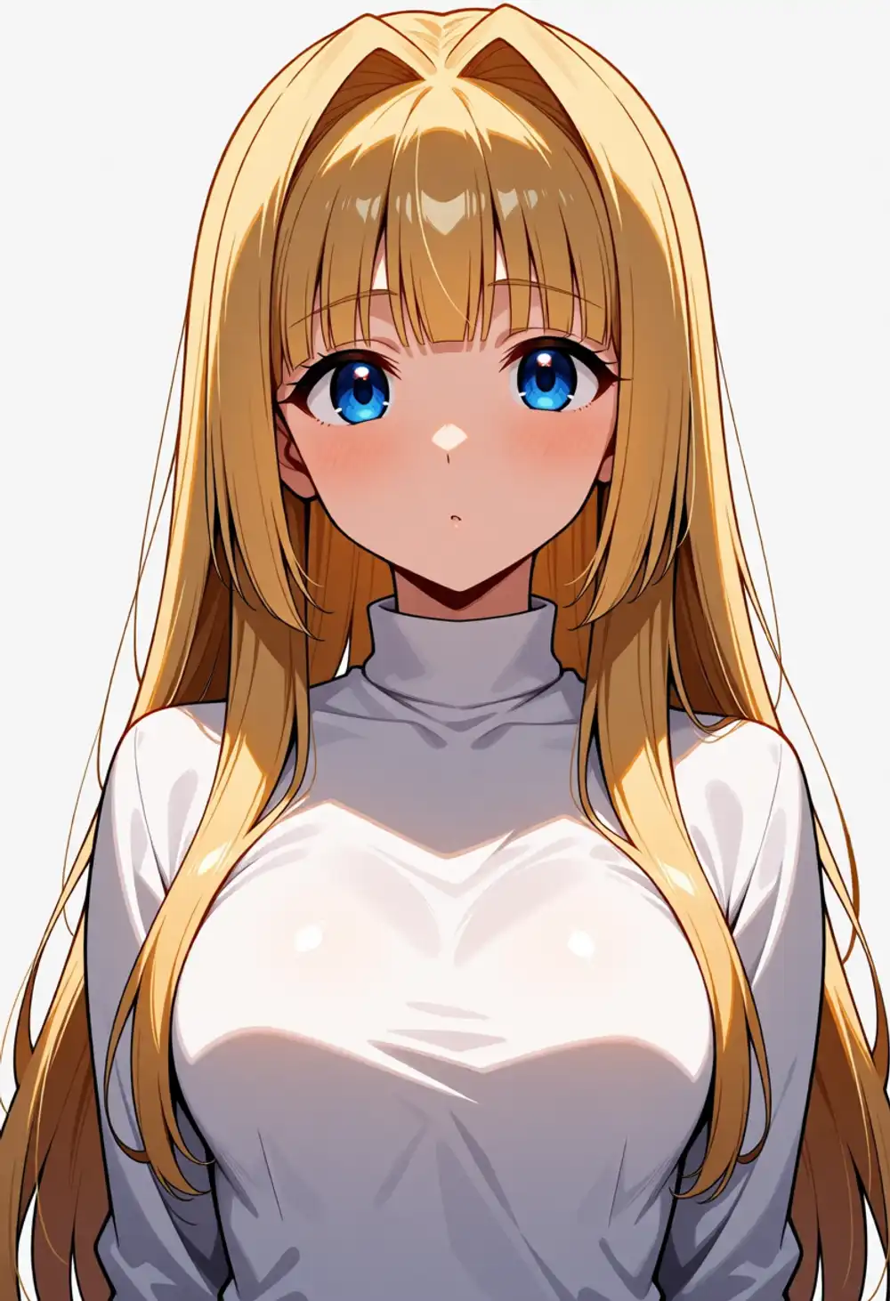 Condition M image 1. Front-facing, blunt bangs, white turtleneck, subdued intake