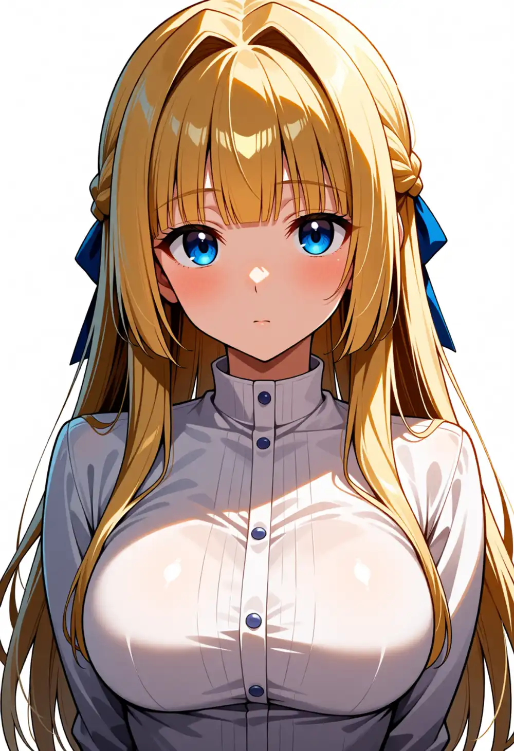 Condition O image 2. Front-facing, two blue ribbons, white button shirt