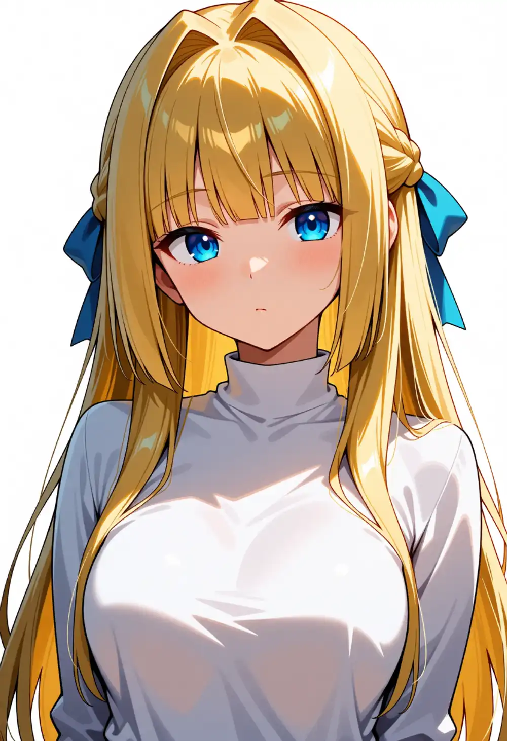 Condition O image 3. Front-facing, two blue ribbons, white turtleneck