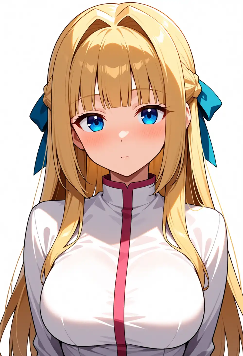 Condition O image 4. Front-facing, two blue ribbons, red zip-up