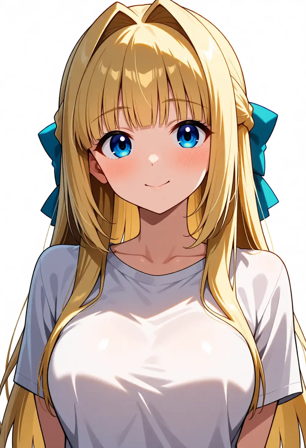 Condition P image 2. Front-facing, two blue ribbons, white T-shirt, subtle intake
