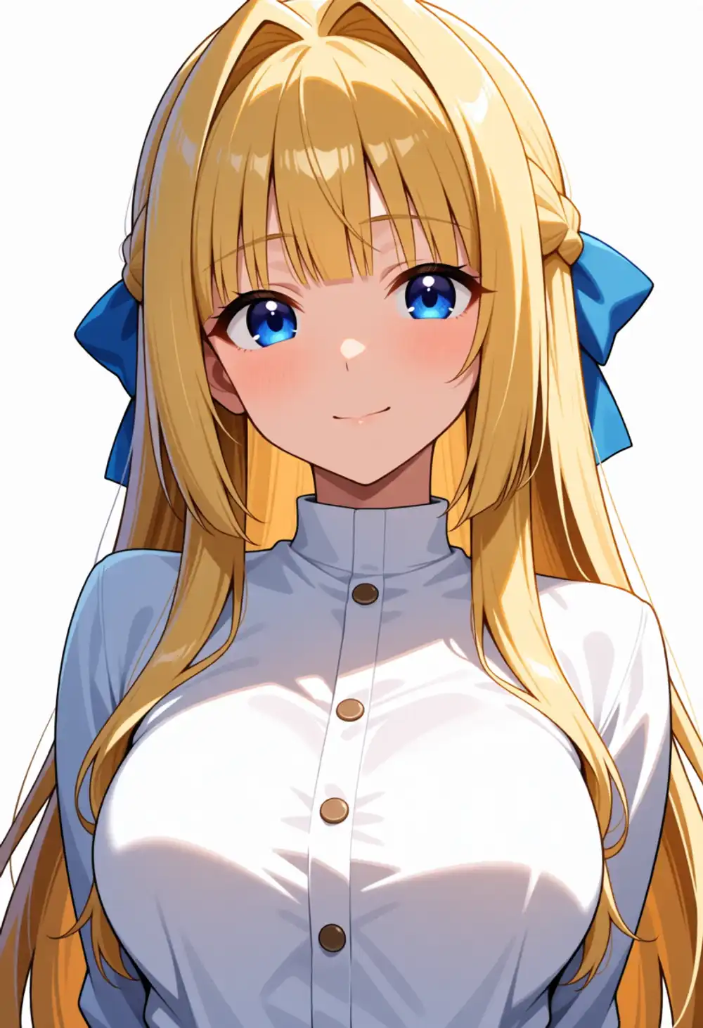 Condition P image 3. Front-facing, two blue ribbons, white button shirt, subtle intake