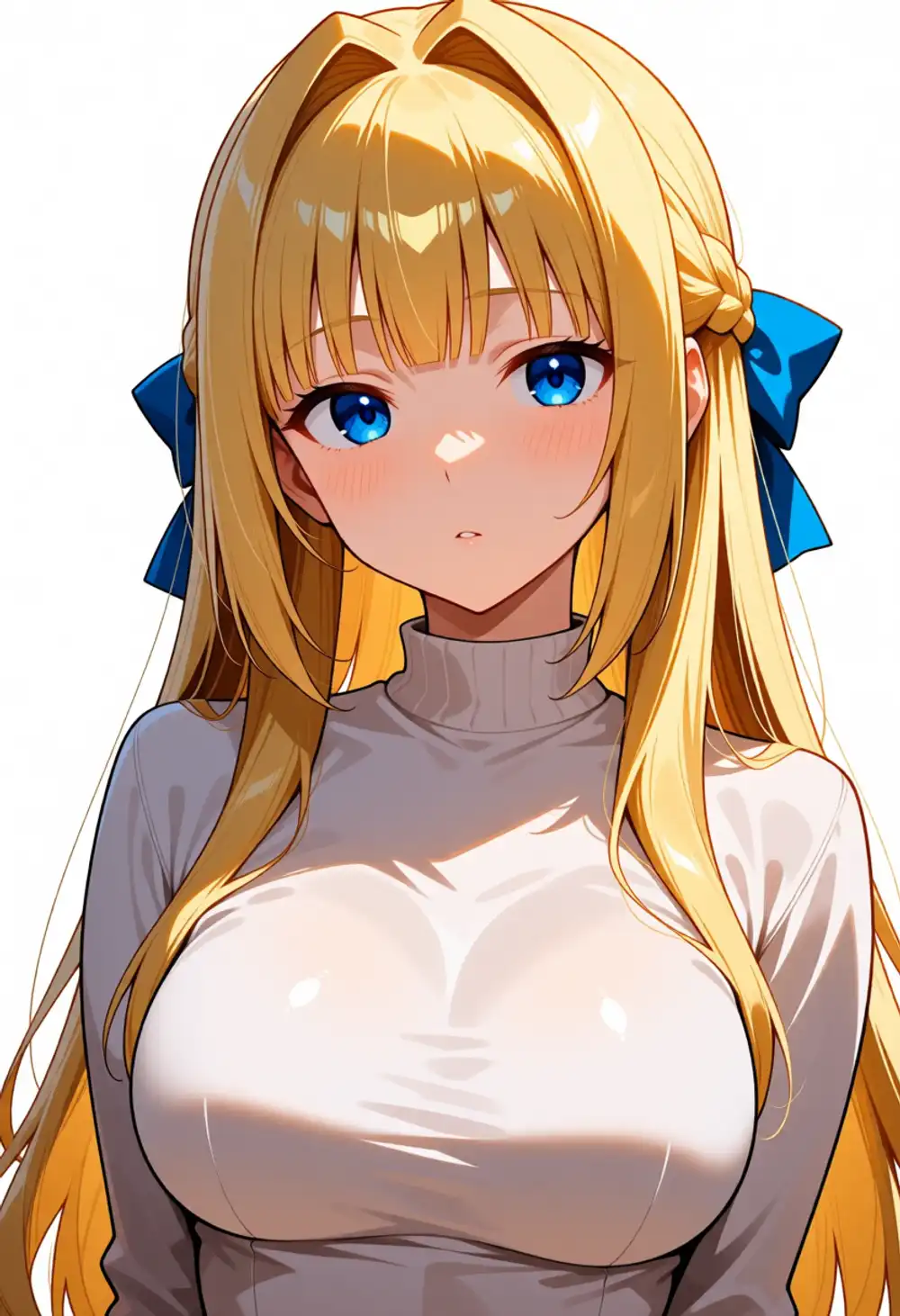 Condition P image 4. Front-facing, two blue ribbons, white turtleneck, subtle intake