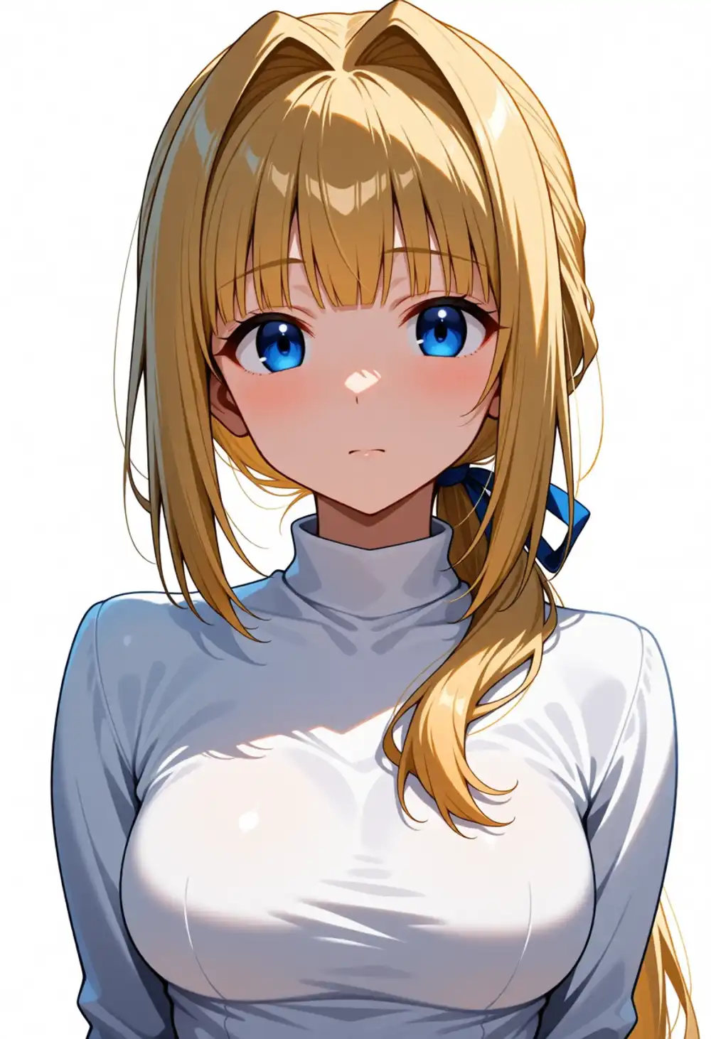 Condition X image 1. Front, white turtleneck, ponytail glimpsing at the side, small intake at temple