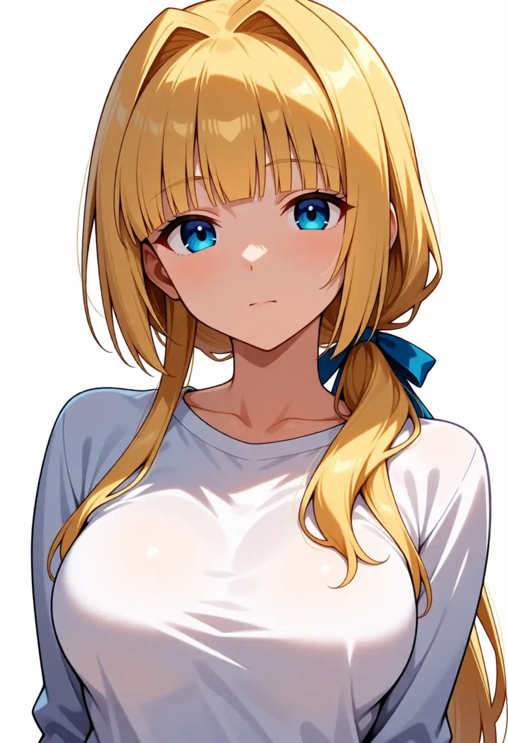 Condition X image 3. Front, gray shirt, bundled hair in front of shoulder