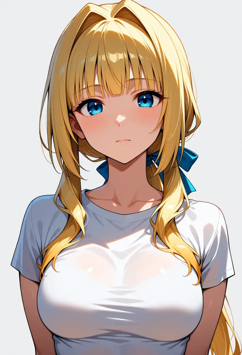 Condition X image 4. Front, white T-shirt, blue ribbon at side
