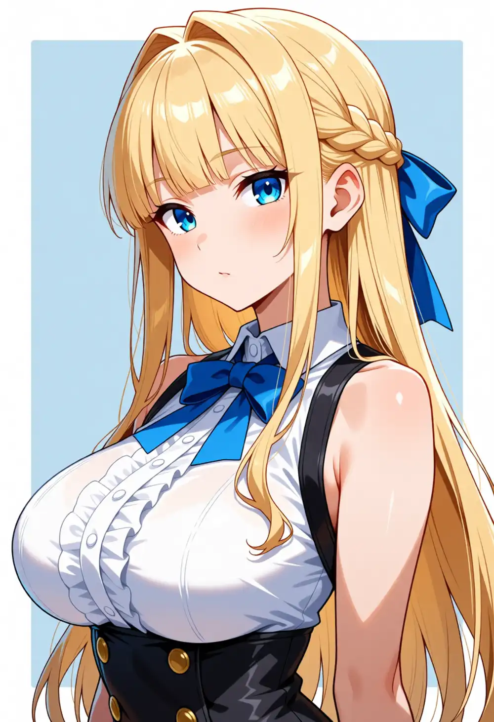 Condition R image 2. 3/4 view, blue background, blue ribbon, small intake