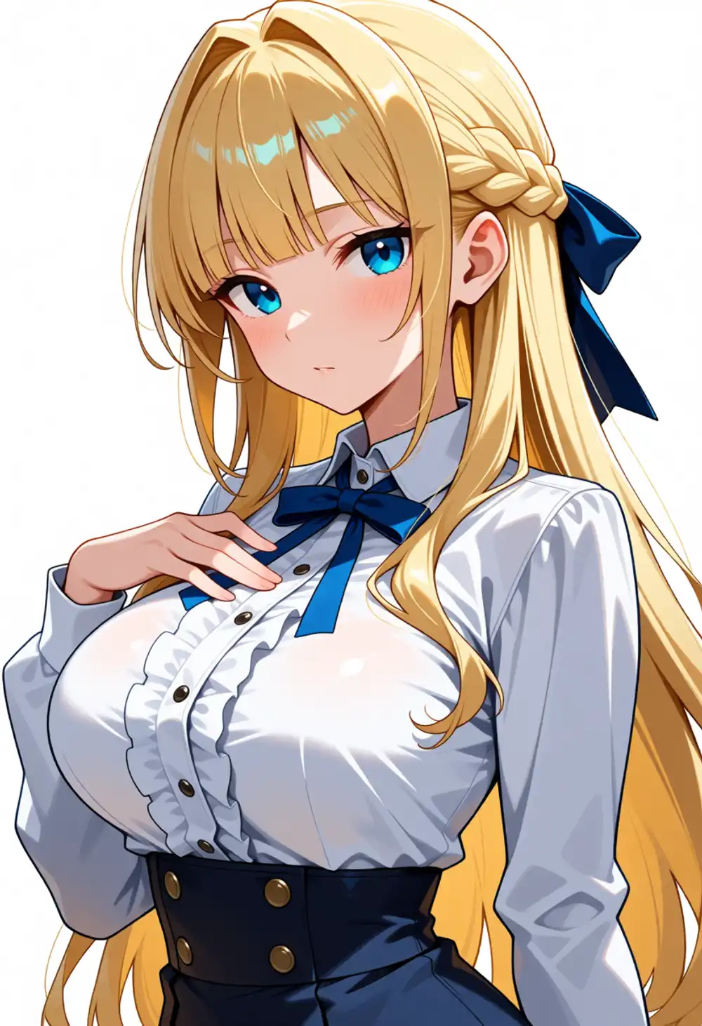 Condition R image 3. 3/4 view, hand to chest, blue ribbon, small intake