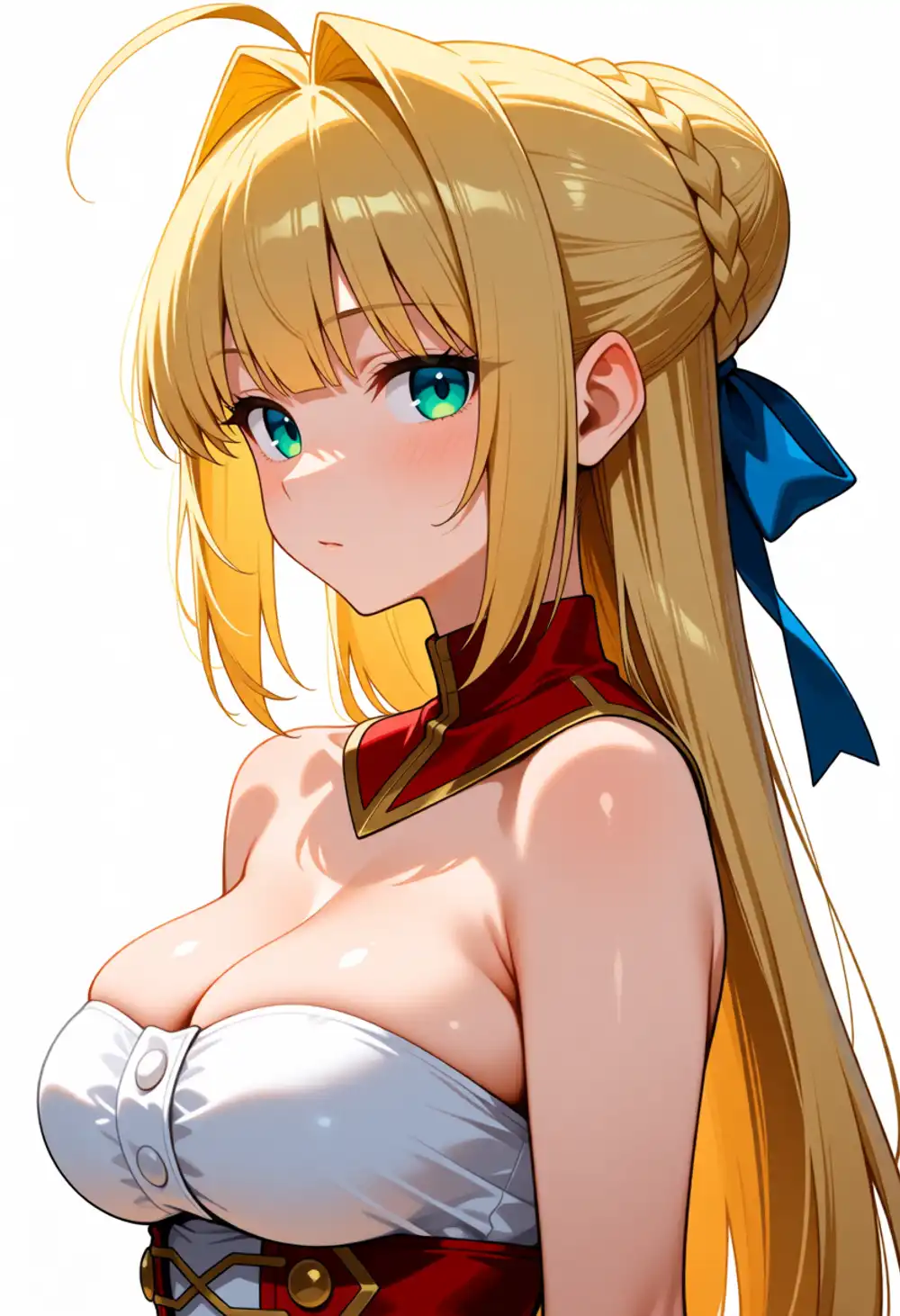 Condition V image 1. 3/4 view, green eyes + hair bun leaked, small-to-medium intake at temples
