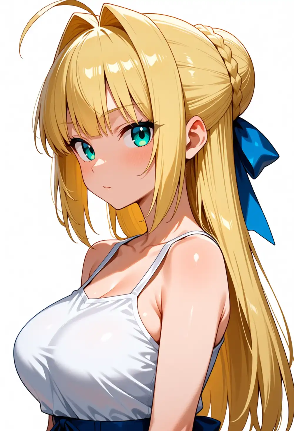 Condition V image 2. 3/4 view, white dress + hair bun + ribbon, green eyes leak