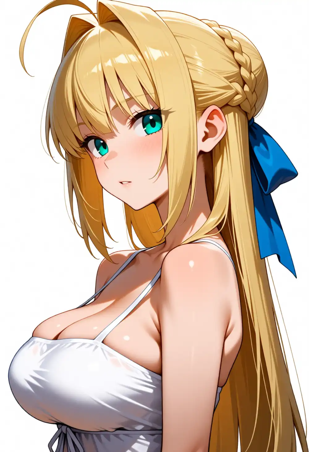 Condition V image 3. 3/4 view, white dress, green eyes + hair bun + ahoge leak