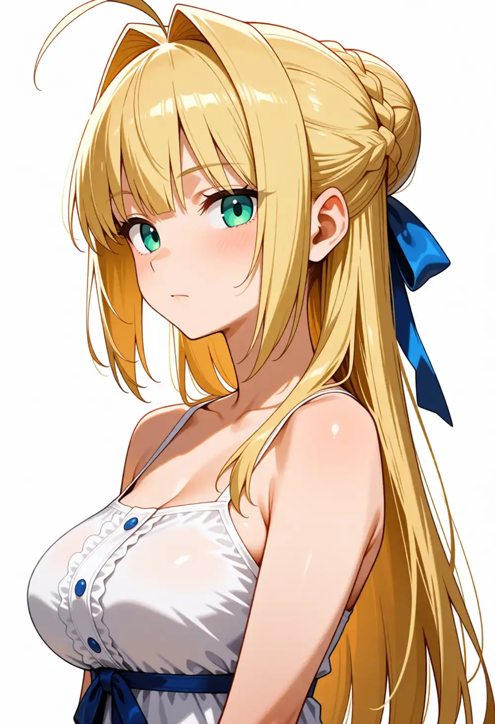 Condition V image 4. 3/4 view, white dress + blue ribbon, green eyes + hair bun leak