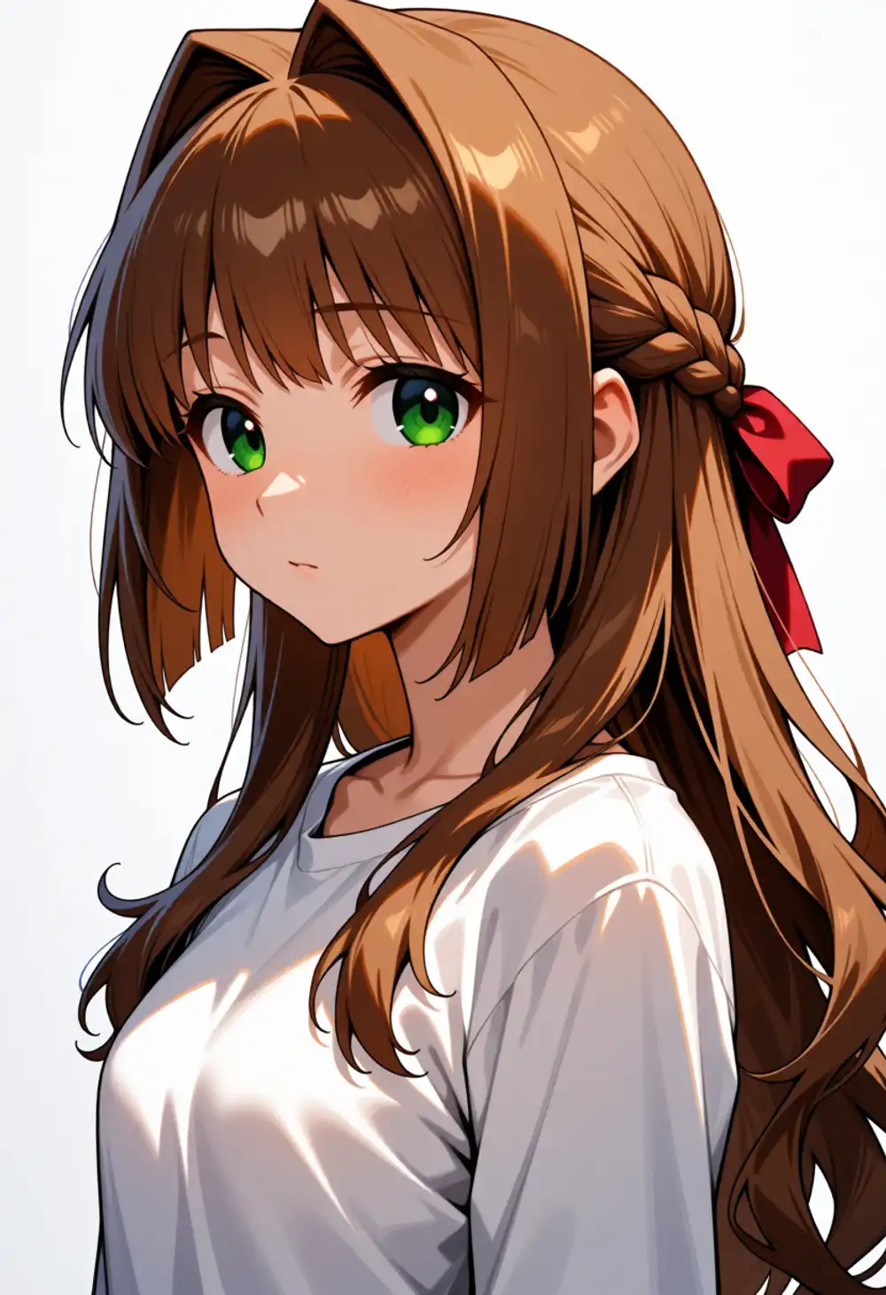 Condition AB image 1. Brown hair + green eyes + wavy bangs + red ribbon, no halo, weak intake