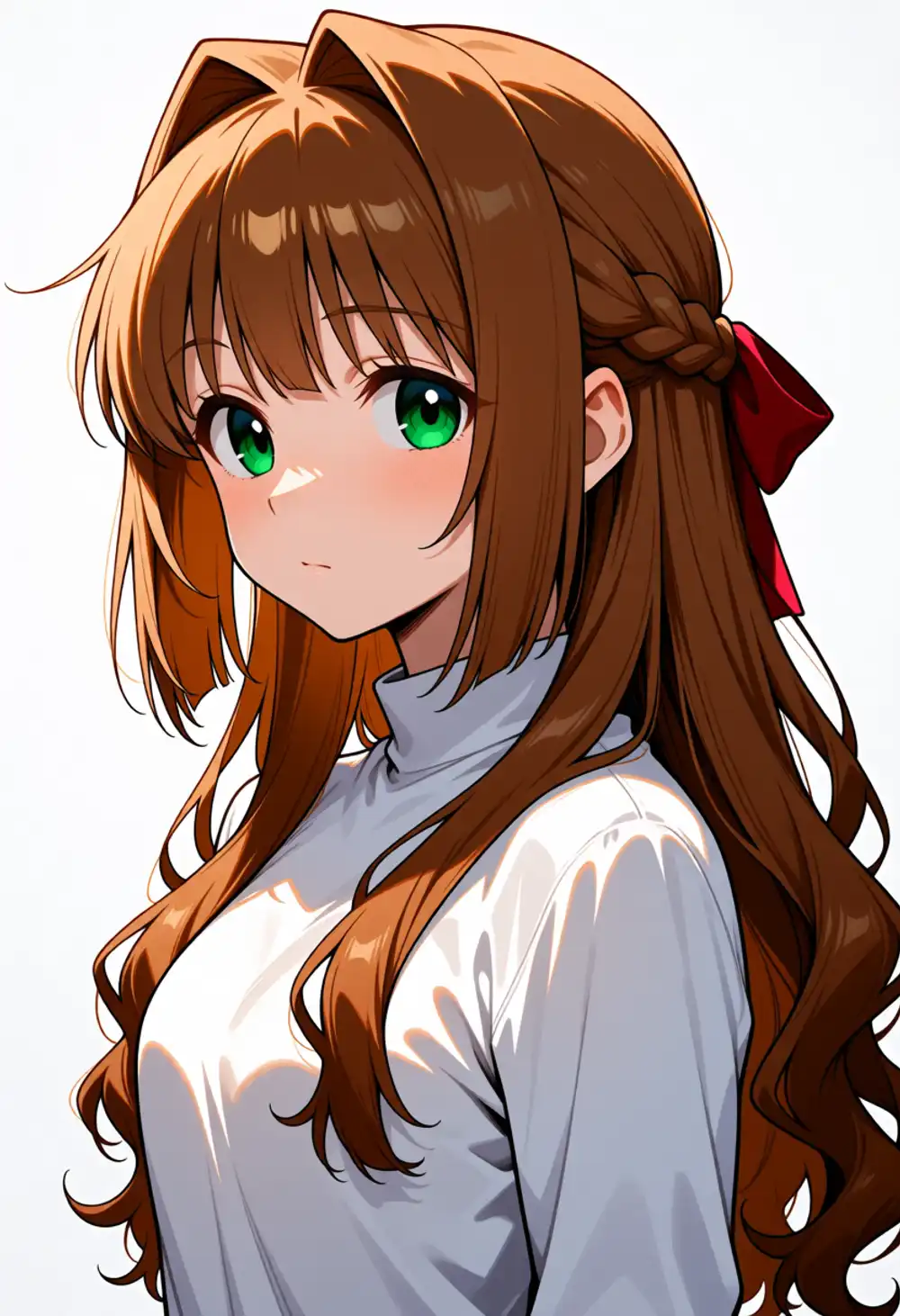 Condition AB image 2. Brown hair + green eyes + wavy bangs + red ribbon, gray top