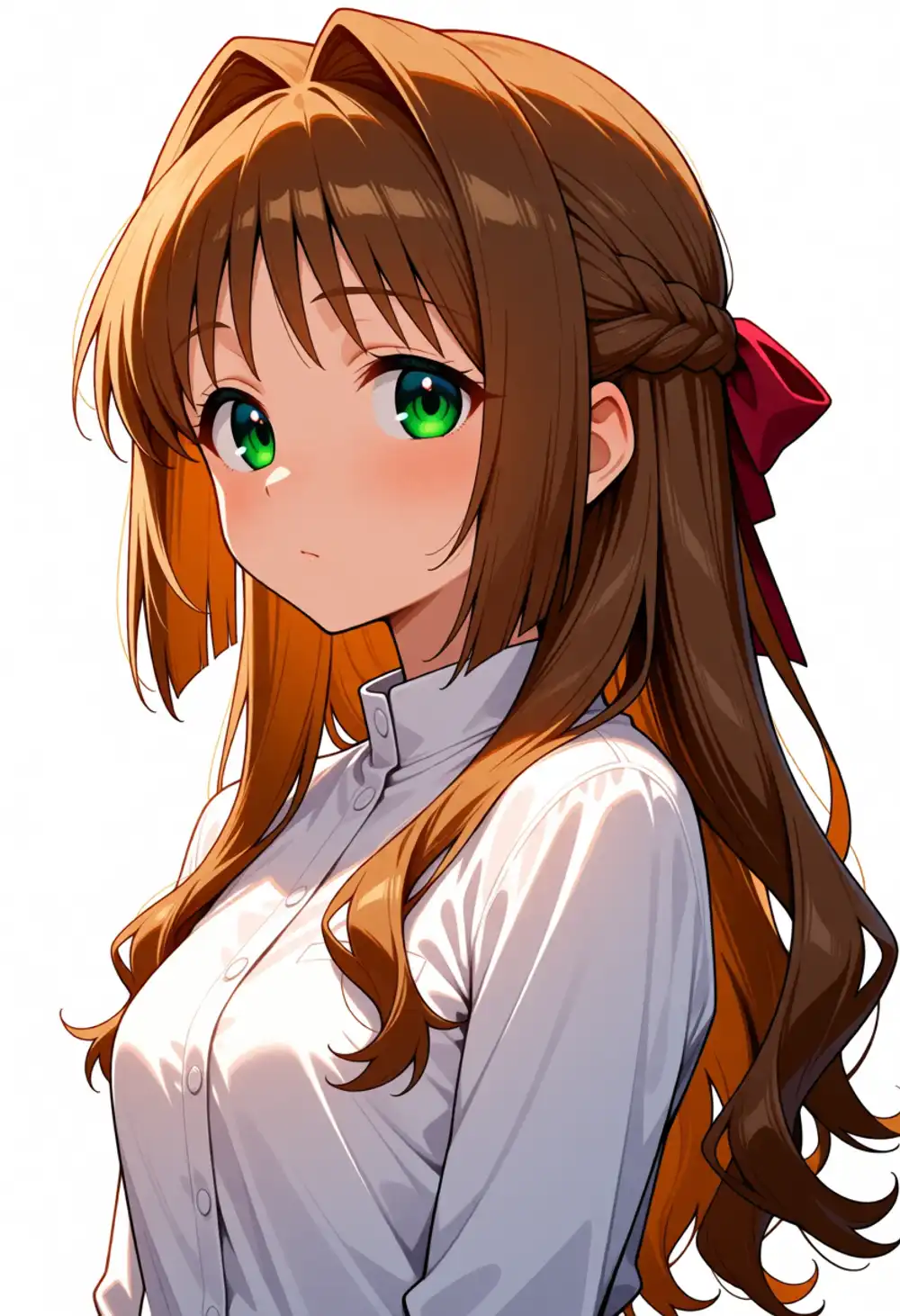 Condition AB image 3. Brown hair + green eyes + wavy bangs + red ribbon, white T-shirt