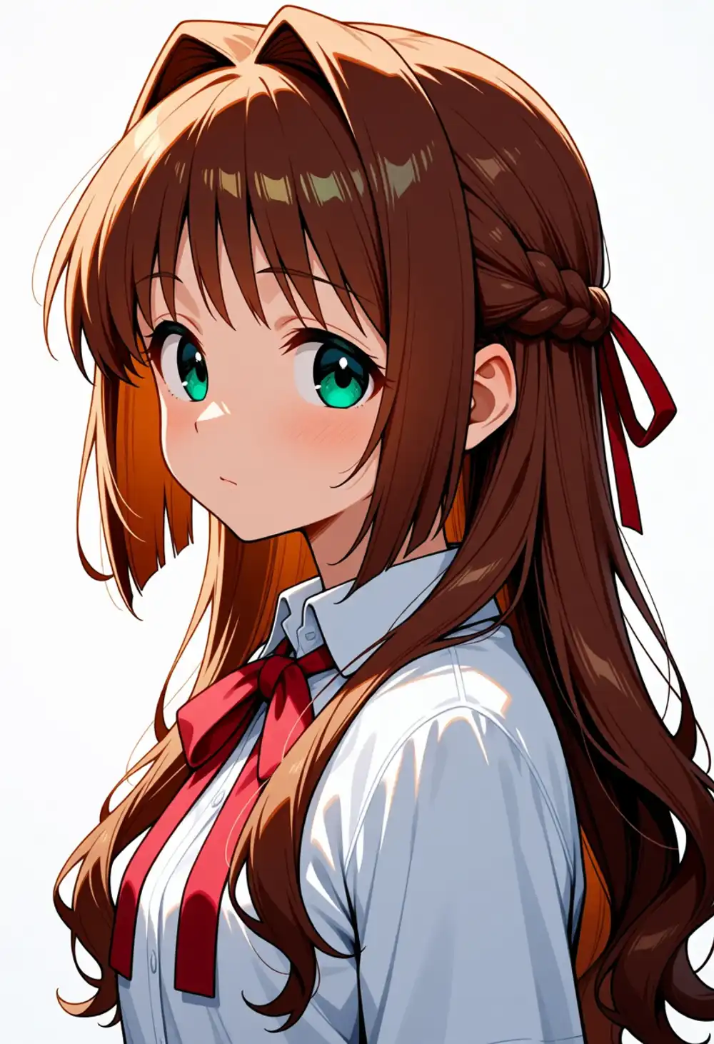 Condition AB image 4. Brown hair + green eyes + wavy bangs + red ribbon tie, white blouse + red ribbon tie leaning toward Nayuki uniform