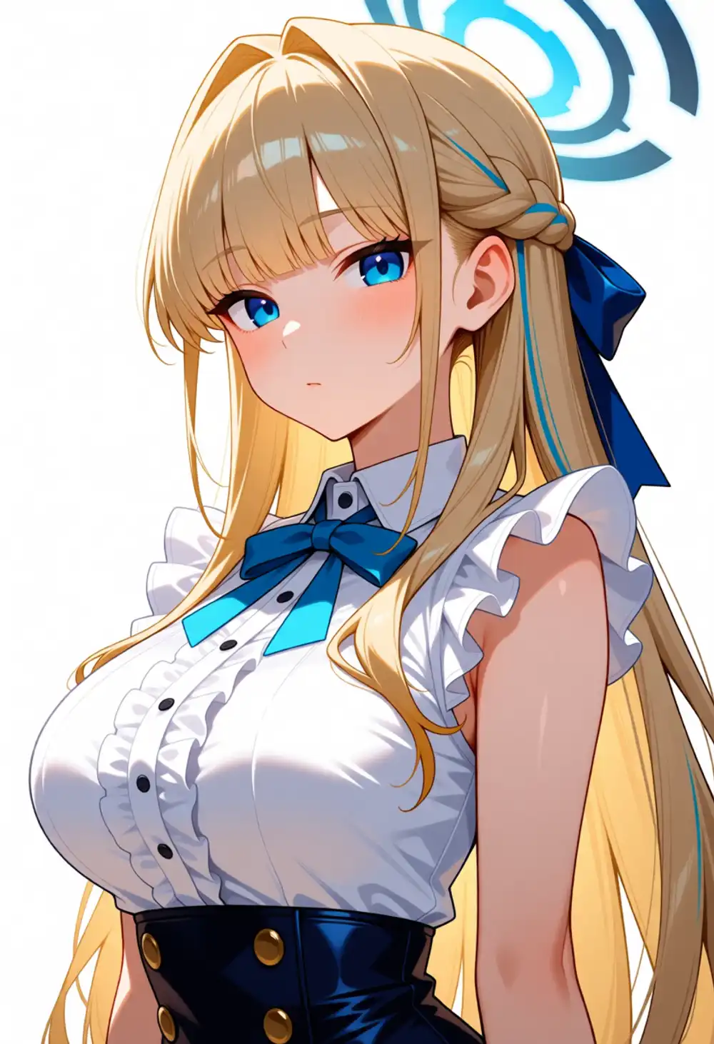 Condition Q image 2. 3/4 view, blue halo background, white blouse + dark skirt, small intake