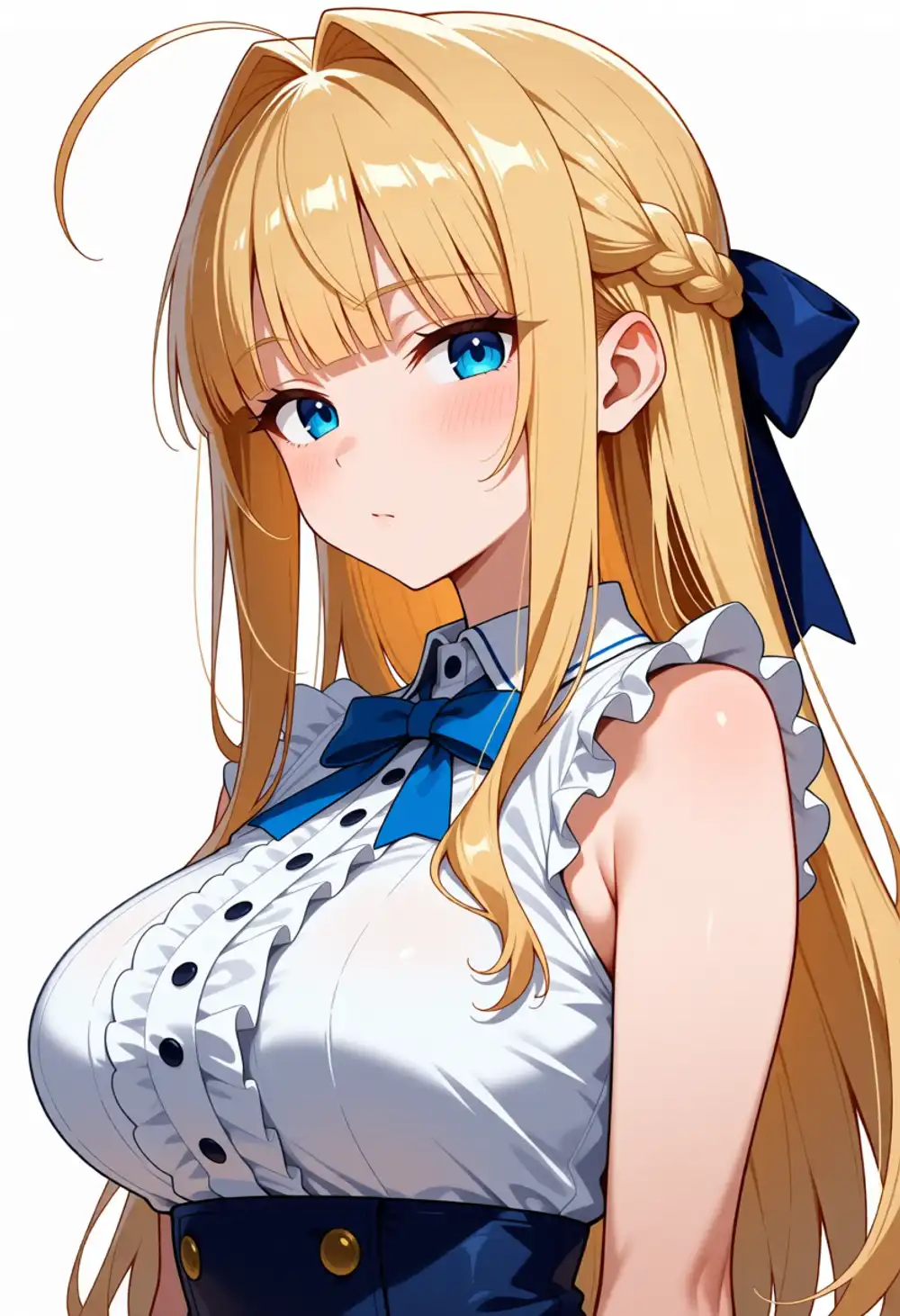 Condition Q image 3. 3/4 view, white blouse + blue ribbon tie, blunt bangs + ahoge, small intake