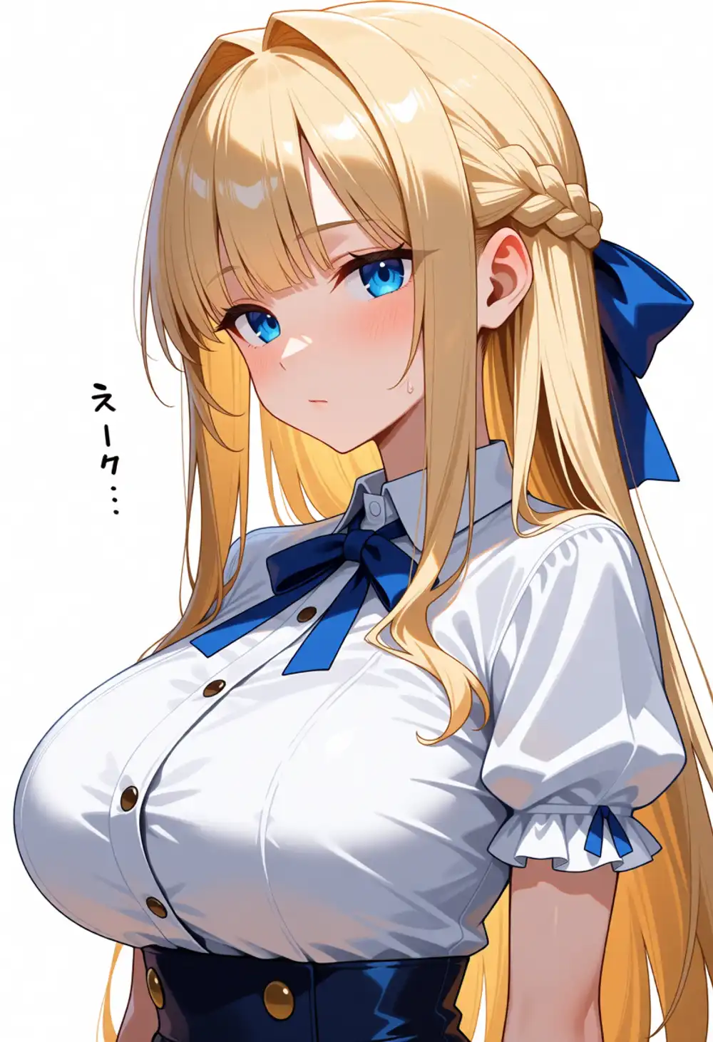 Condition Q image 4. 3/4 view, white blouse + dark vest + blue ribbon, small intake