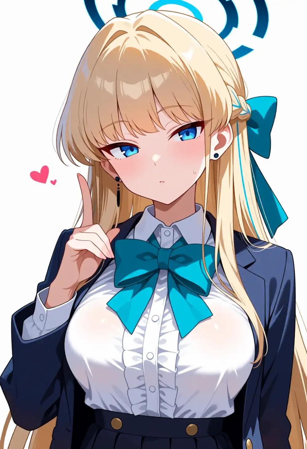 Toki ref 1. Clear blue halo above head, honey blonde + blue eyes, blunt bangs, right-side half-up + blue bow tie, dark jacket + white blouse