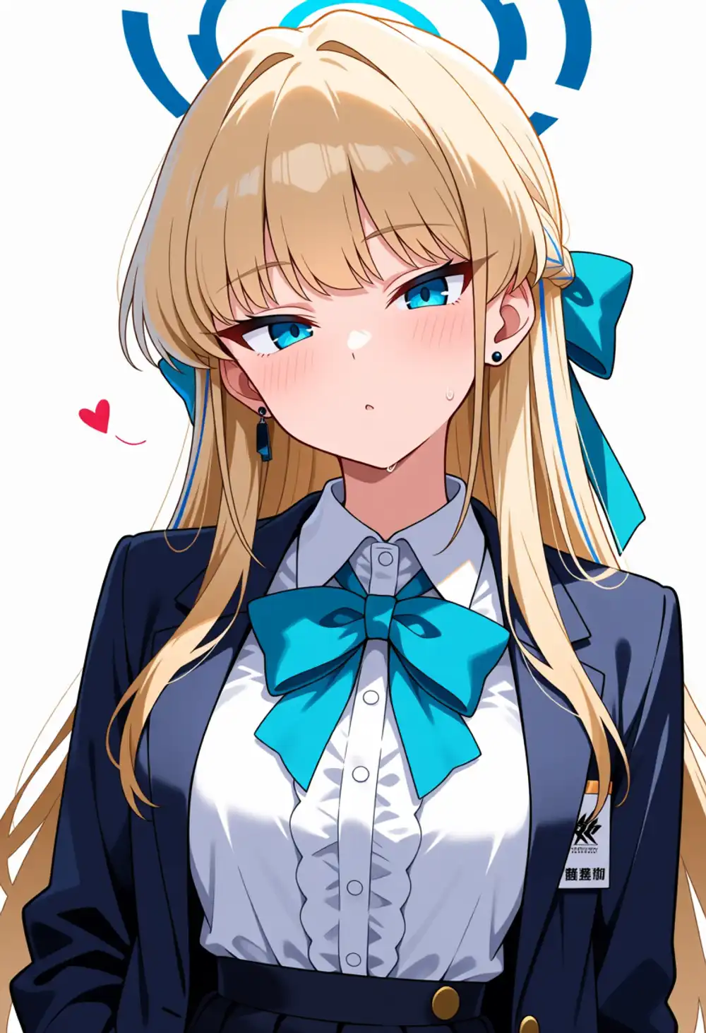 Toki ref 2. Same blue halo, dark jacket + large blue bow tie