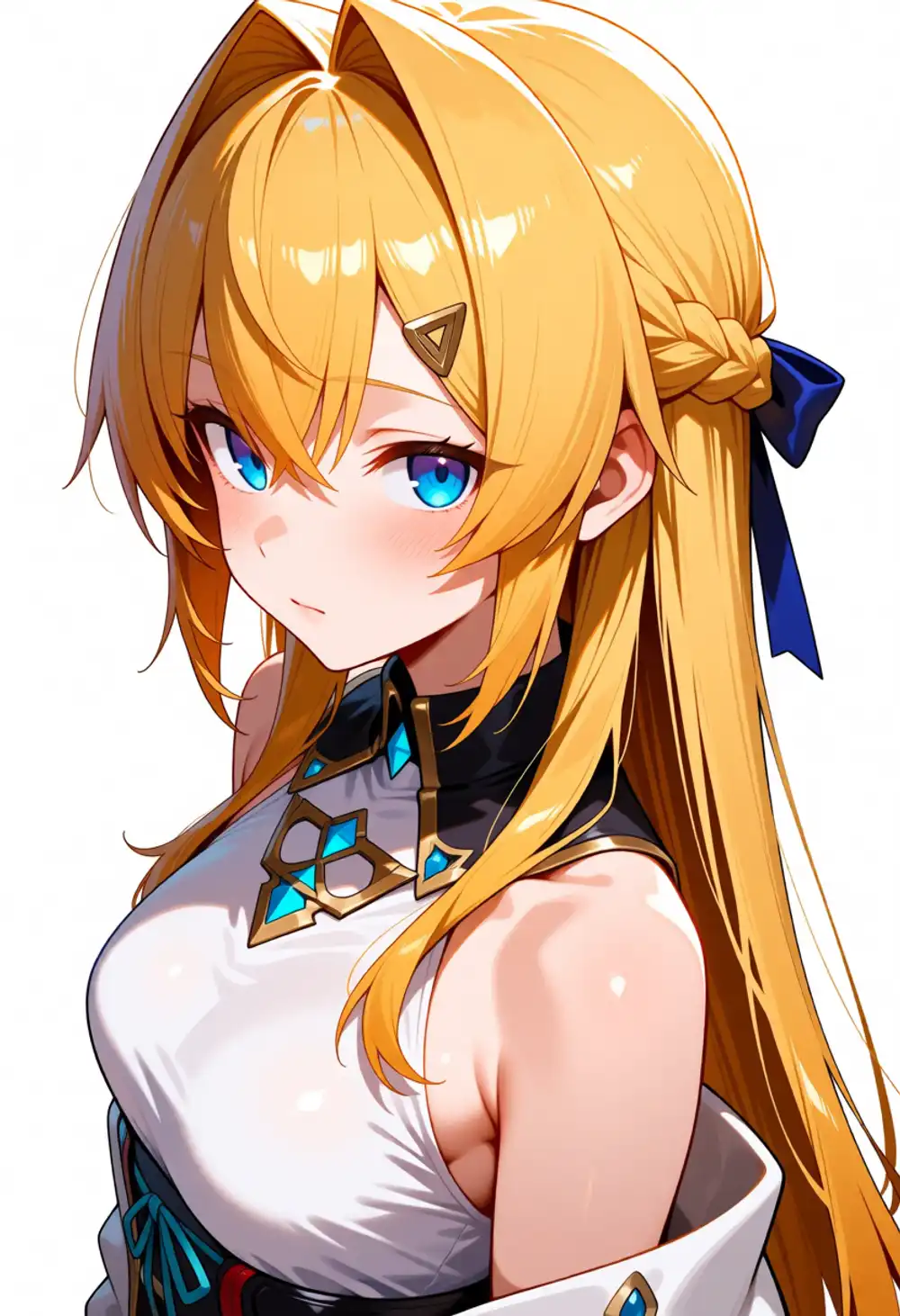 AC-アンジュ1。斜め上から、ほぼ正面、両側に明確な前向きインテーク、頭頂ブレイド+青リボン、金髪、白ノースリーブ+カラフルアクセント