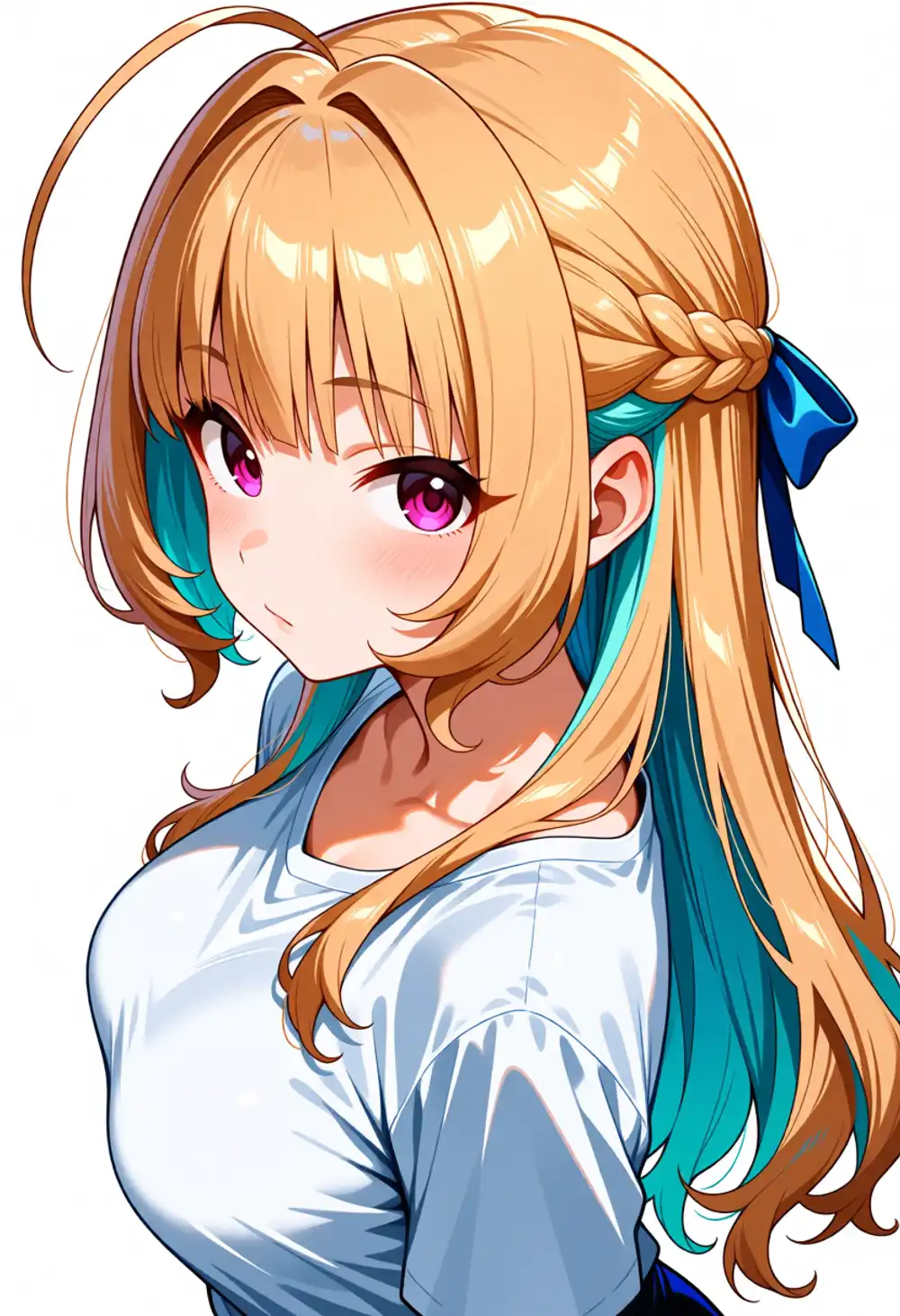 AC-りあむ4。同様、目色が紫寄りに漏れ、毛先水色、白Tシャツ
