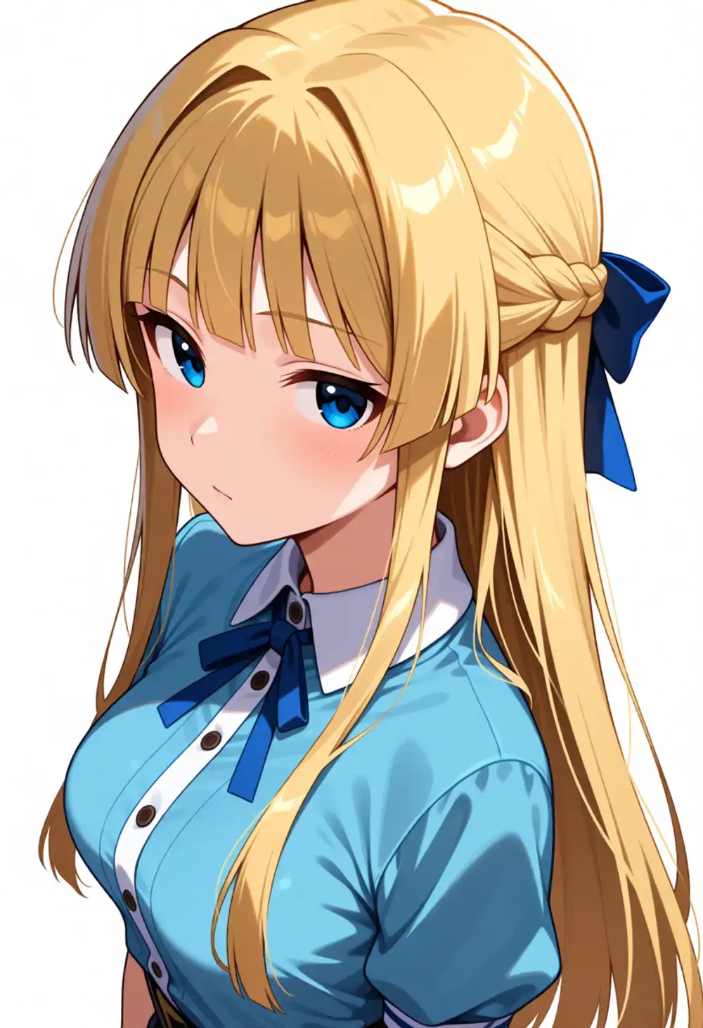 AD-静香1。金髪+ハーフアップ+青リボン、姫カット寄り前髪、薄いインテーク、青系ワンピース
