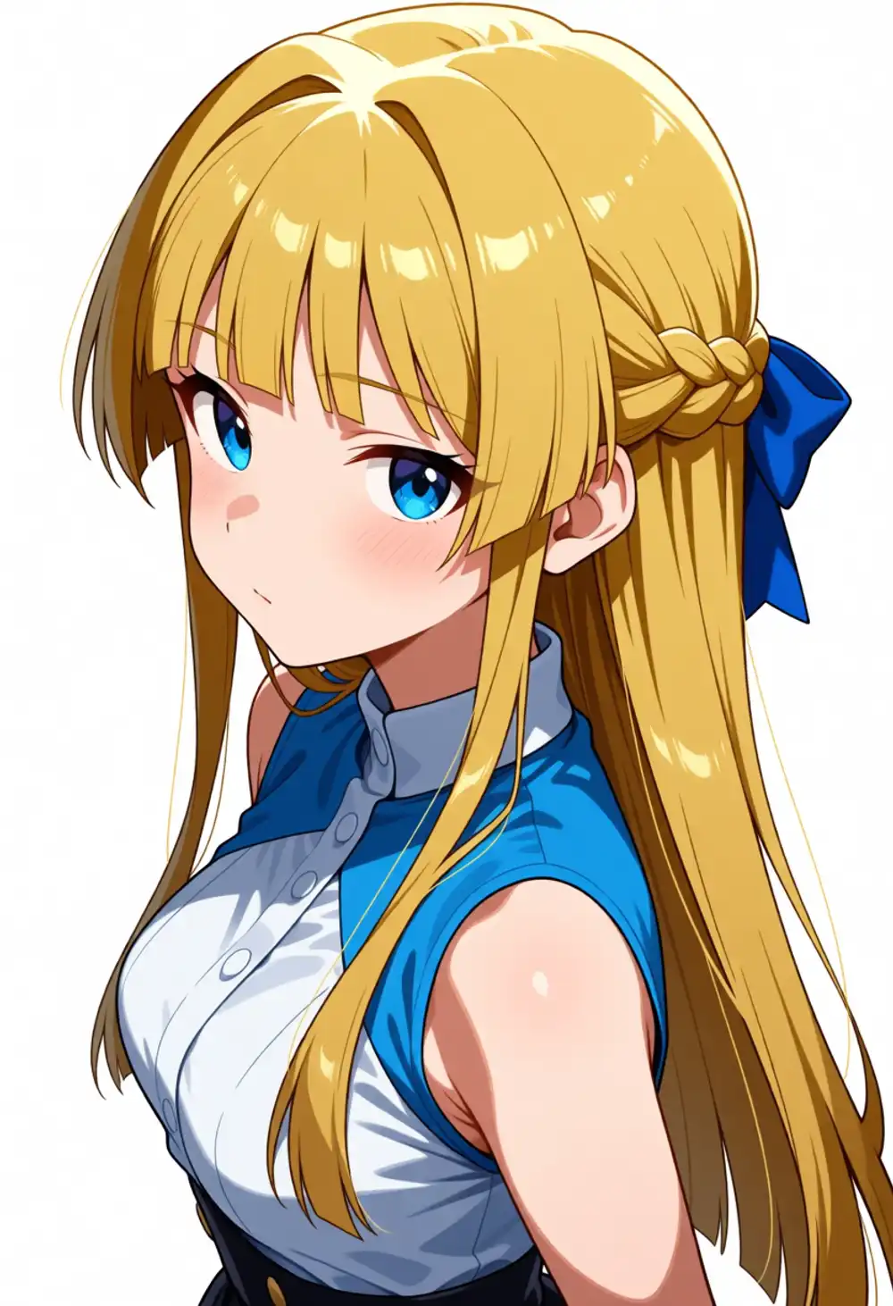 AD-静香2。金髪+ハーフアップ、姫カット寄り前髪、薄いインテーク、白ブラウス+紺ジャンパー