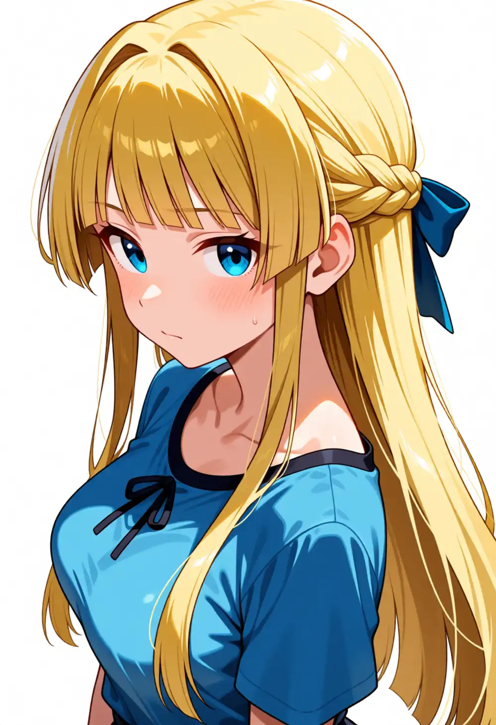 AD-静香3。金髪+ハーフアップ+青リボン、薄いインテーク、青系ワンピース、前髪やや中央分け