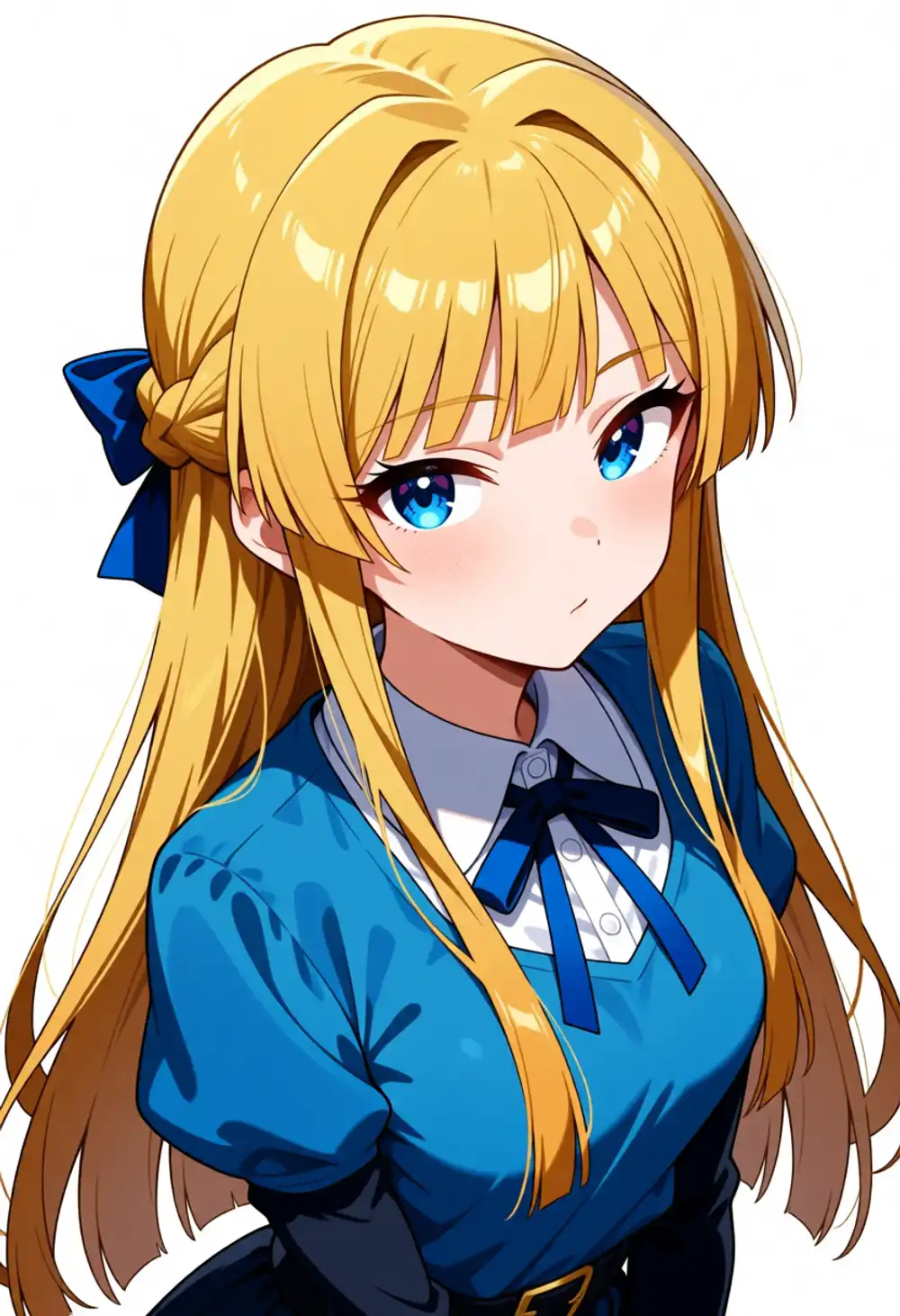 AD-静香4。金髪+ハーフアップ青リボン+襟元にも青リボン、ぱっつん前髪、薄いインテーク、青ワンピース