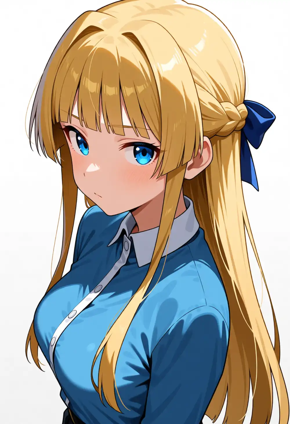 AE-静香1。ハーフブレイド+青リボン、ぱっつん前髪、両側に薄いインテーク、青ブラウス