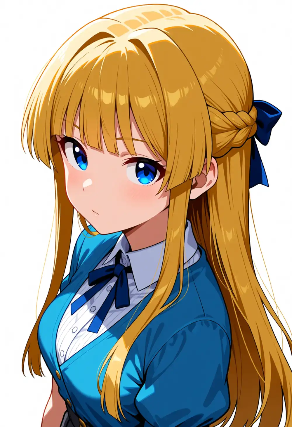 AE-静香2。ハーフアップ+青リボン、ぱっつん前髪明確、薄いインテーク、青ワンピース