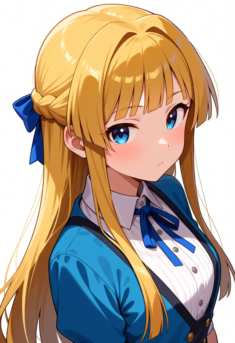 AE-静香3。ハーフアップ+青リボン、ぱっつん前髪、薄〜中型インテーク、青ベスト+白ブラウス