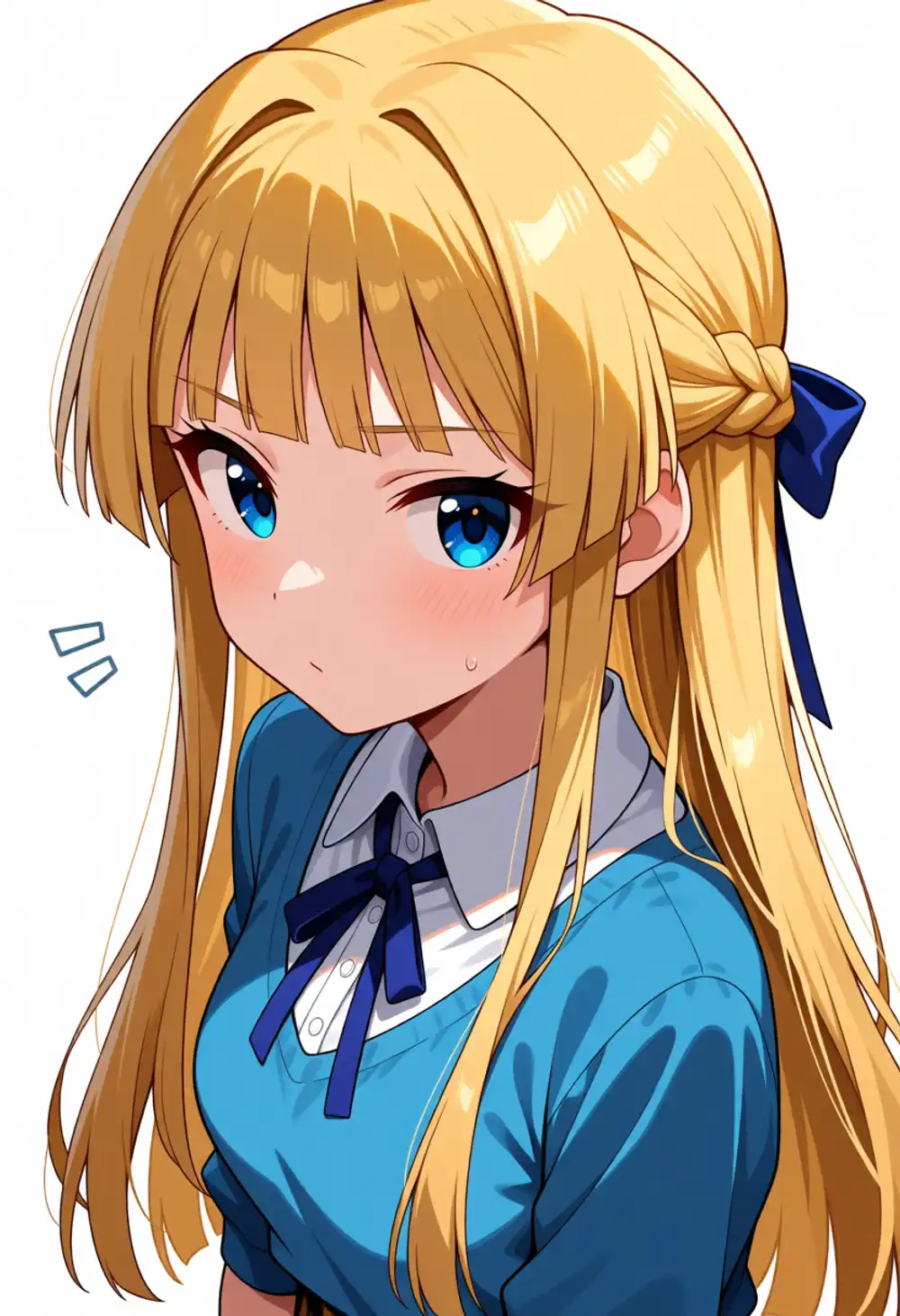 AE-静香4。ハーフアップ+青リボン、ぱっつん前髪、薄いインテーク、青ワンピース