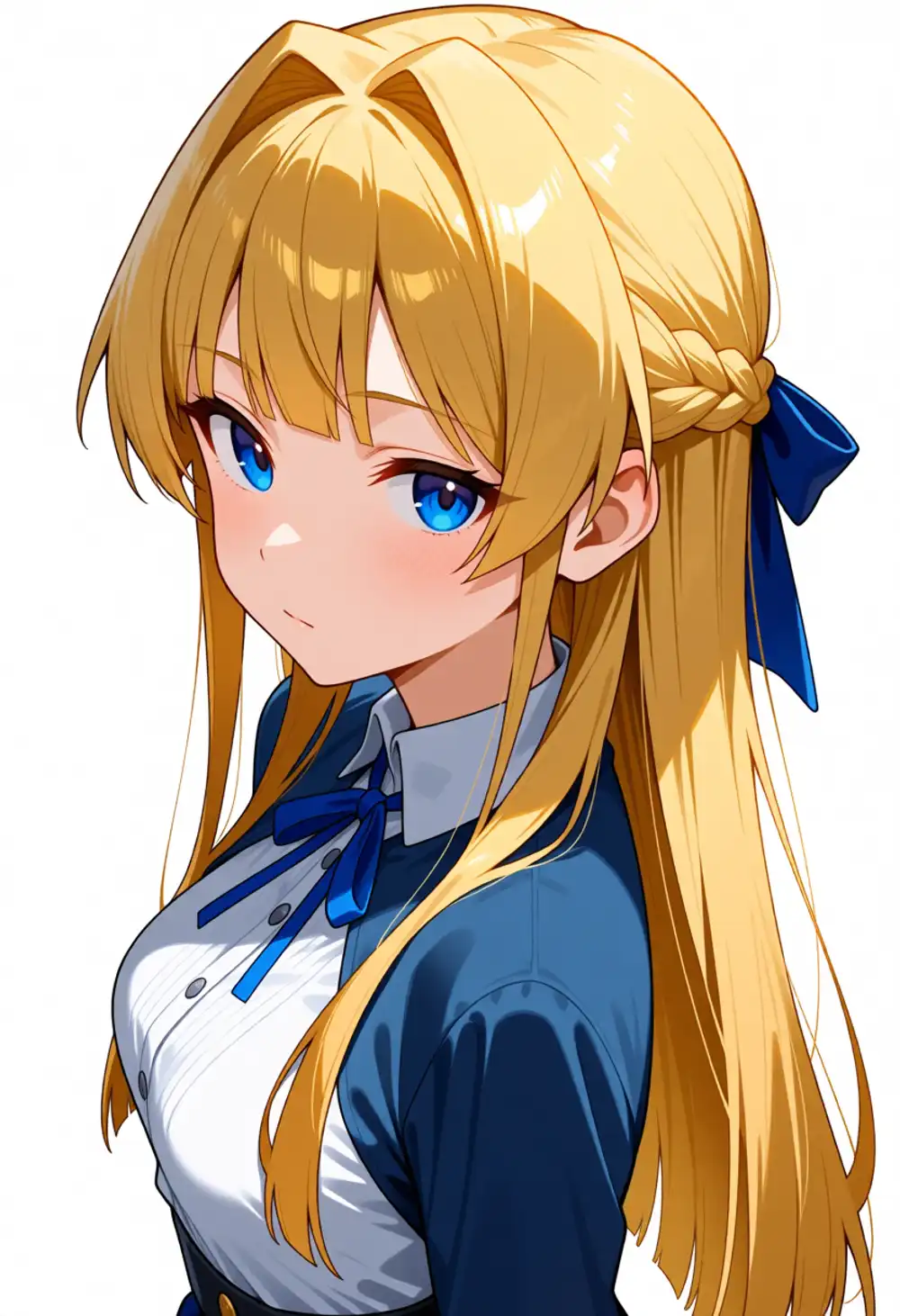 AF-ハイブリッド1。3/4寄り、薄〜中型インテーク、紺ジャケット+白カラー+青リボン、ぱっつん寄りだが完璧ではない