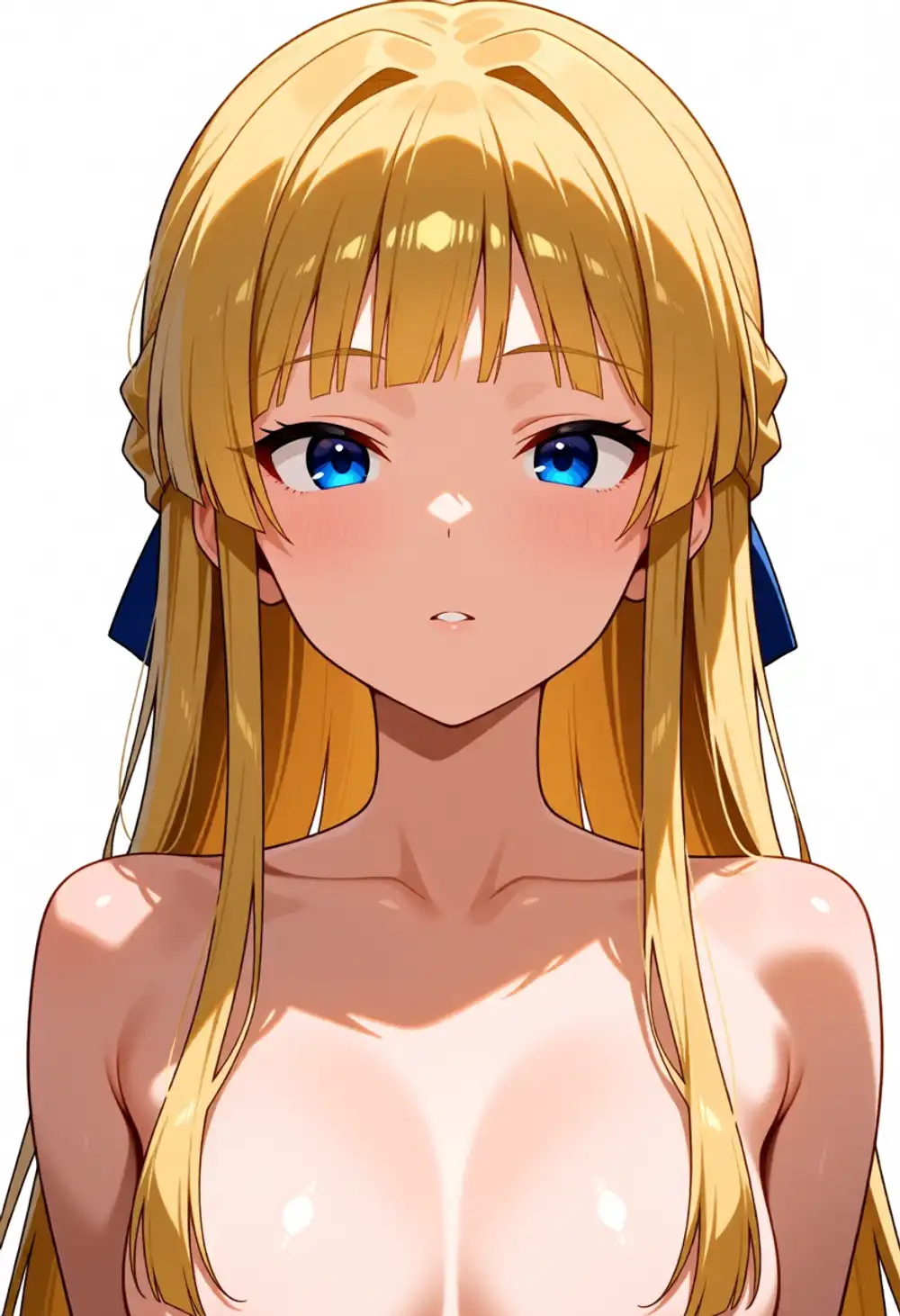 AG-正面強化1。真正面、ぱっつん前髪（束感は弱め）、左右対称ハーフブレイド+青リボン、両側インテーク、ただし衣装欠落で胸元露出