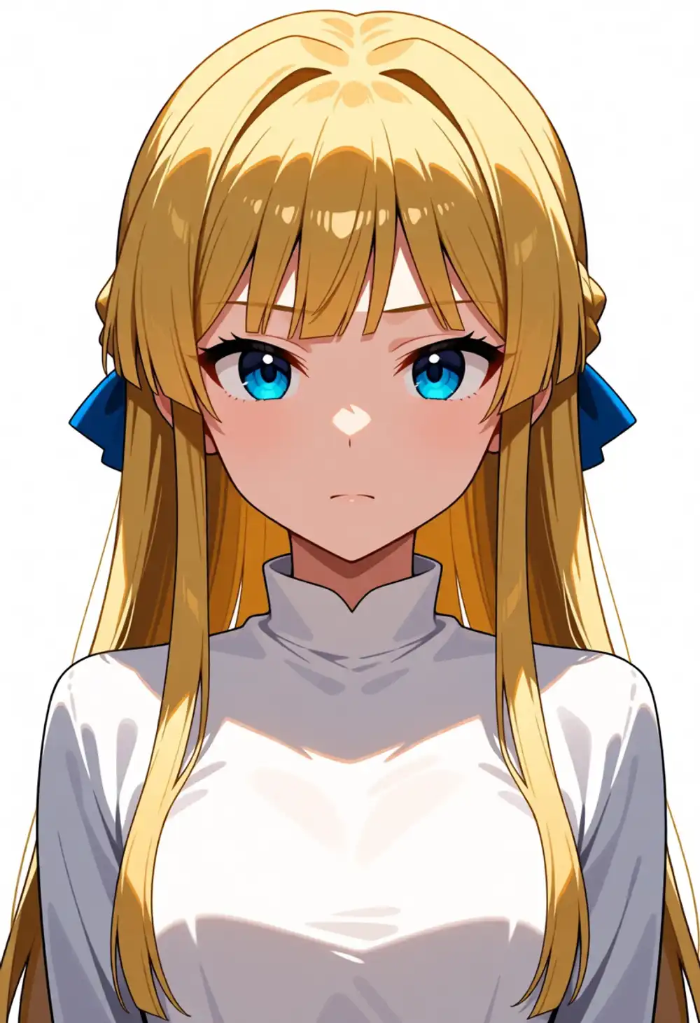 AG-正面強化2。真正面、ぱっつん前髪（束感薄め）、左右対称、白タートルネック、薄いインテーク